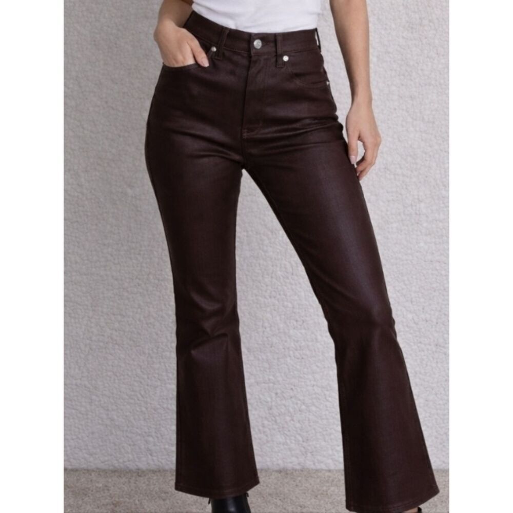3410 Daze Denim Shy Girl High Rise Crop Flare Jeans Coated Espresso Sz 27